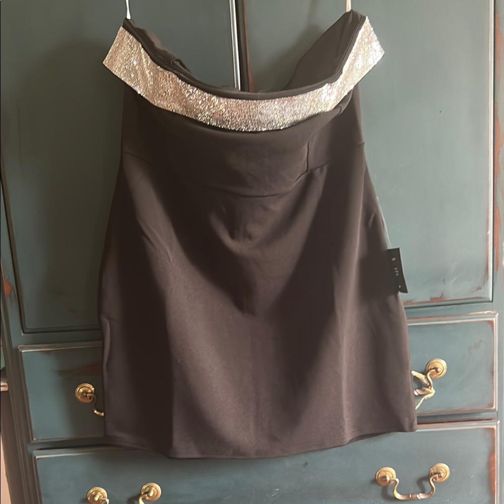 Lulu's Black and Silver Off-Shoulder Dress